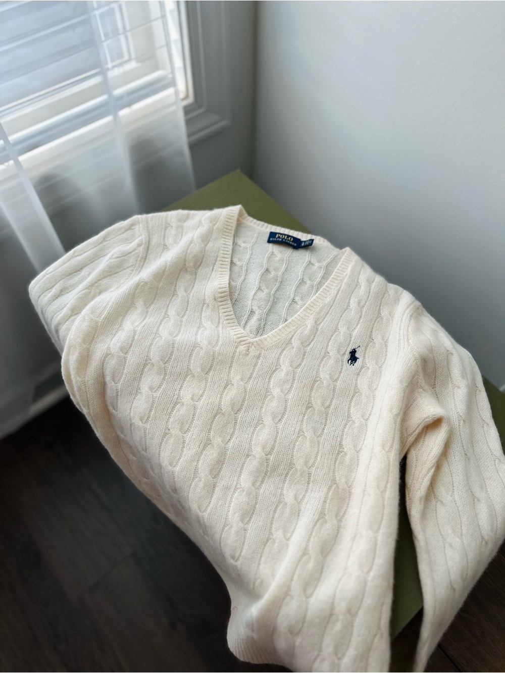 Polo by Ralph Lauren Wom Ivory Cable-Knit V-Neck Sweater Size L Excellent(EUC)